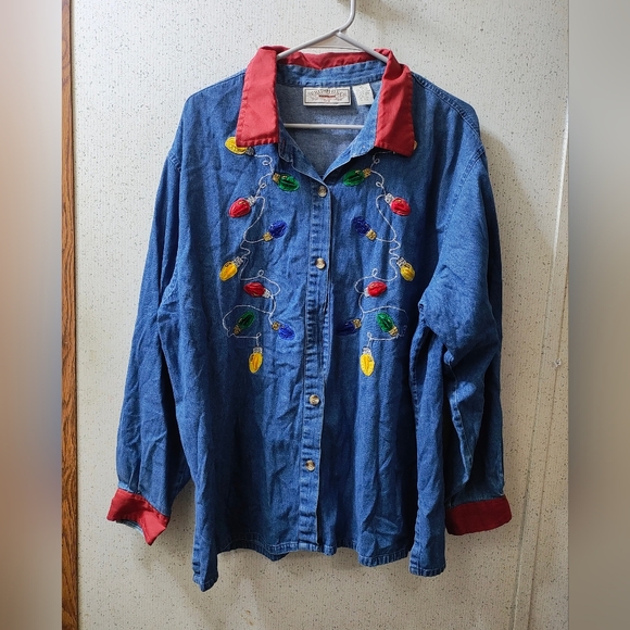 Rhythm Blue Christmas Denim Button-Up Shirt Women's XL Embroidered Clean - Picture 1 of 12